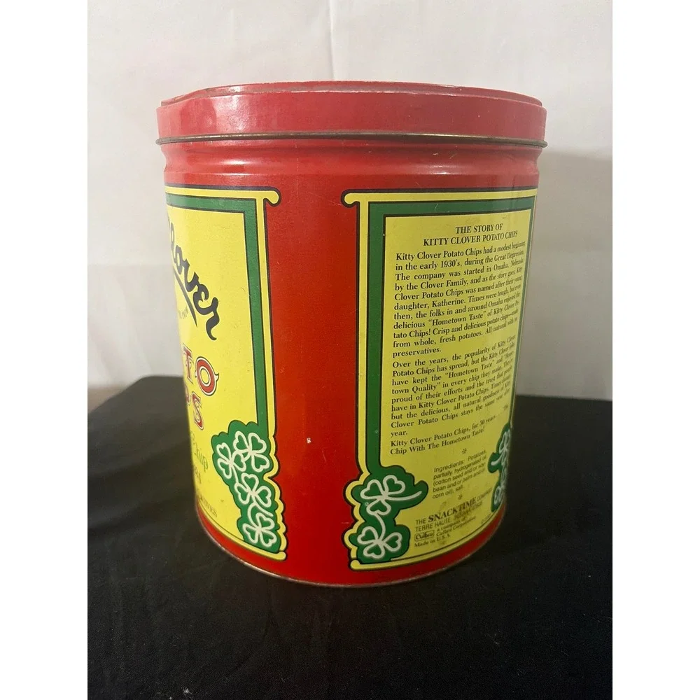 Kitty Clover Potato Chips Tin Vintage 1983 Red 14oz Good Condition Advertising